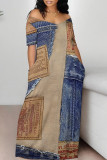 Sexy Street Faux Denim Print Contrast Off Shoulder Printed Dresses