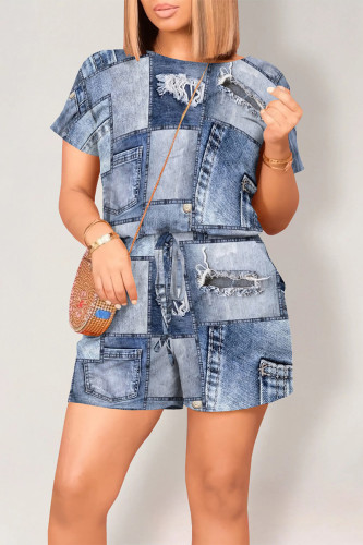 Casual Street Faux Denim Print Draw String Pocket O Neck Loose Rompers