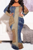 Sexy Faux Denim Print Contrast V Neck Fishtail Plus Size Dresses