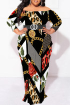 Sexy Floral Print Leopard Contrast Off Shoulder Printed Plus Size Dresses(No Belt)