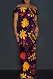 Casual Floral Print Slit Off Shoulder Long Dresses