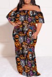 Casual Print Patchwork Off Shoulder Long Plus Size Dresses