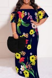 Casual Floral Print Patchwork Backless Off Shoulder Long Plus Size Dresses
