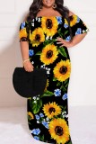 Casual Floral Print Patchwork Backless Off Shoulder Long Plus Size Dresses