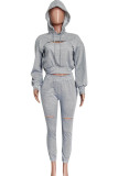 Casual Solid Color Hollow Out Draw String Pocket Patchwork Hooded Long Sleeve Two Pieces