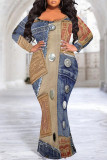 Sexy Faux Denim Print Contrast V Neck Fishtail Plus Size Dresses