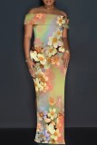 Casual Print Slit Off Shoulder Long Dresses