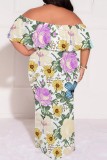 Casual Floral Print Patchwork Backless Off Shoulder Long Plus Size Dresses