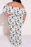 Casual Print Patchwork Off Shoulder Long Plus Size Dresses