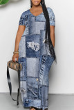 Sexy Faux Denim Print Pocket Contrast V Neck Printed Dresses