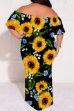 Casual Floral Print Patchwork Backless Off Shoulder Long Plus Size Dresses