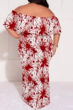 Casual Print Patchwork Off Shoulder Long Plus Size Dresses