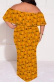 Casual Print Patchwork Off Shoulder Long Plus Size Dresses