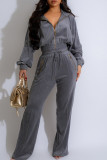 Casual Solid Color Draw String Pocket Patchwork Zipper Zipper Collar Long Sleeve Two Pieces