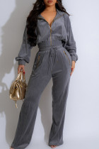 Casual Solid Color Draw String Pocket Patchwork Zipper Zipper Collar Long Sleeve Two Pieces