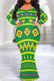 Elegant Print Patchwork O Neck Long Plus Size Dresses