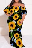 Casual Floral Print Patchwork Backless Off Shoulder Long Plus Size Dresses