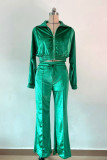 Casual Solid Color Zipper Turndown Collar Long Sleeve Two Pieces