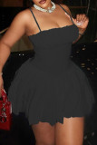 Sexy Solid Color Patchwork Backless Ruched Spaghetti Strap Sling Dresses