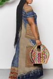 Sexy Faux Denim Print Pocket Contrast V Neck Printed Dresses