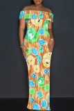 Casual Floral Print Slit Off Shoulder Long Dresses