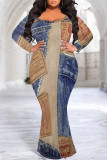 Sexy Faux Denim Print Contrast V Neck Fishtail Plus Size Dresses