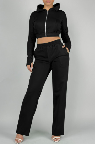 Casual Solid Color Pocket Patchwork Zipper Zipper Collar Long Sleeve Two Pieces