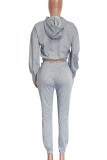 Casual Solid Color Hollow Out Draw String Pocket Patchwork Hooded Long Sleeve Two Pieces
