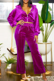 Casual Solid Color Zipper Turndown Collar Long Sleeve Two Pieces