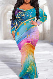Sexy Street Leopard Print Gradient Contrast V Neck Fishtail Plus Size Dresses