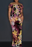Casual Print Slit Off Shoulder Long Dresses