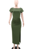 Elegant Solid Color Patchwork High Slit Ruched O Neck Long Dresses