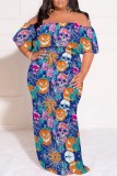 Casual Print Patchwork Off Shoulder Long Plus Size Dresses
