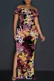 Casual Print Slit Off Shoulder Long Dresses