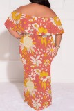 Casual Floral Print Patchwork Backless Off Shoulder Long Plus Size Dresses