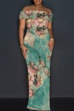 Casual Floral Print Slit Off Shoulder Long Dresses