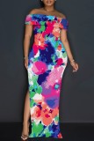 Casual Floral Print Slit Off Shoulder Long Dresses