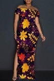 Casual Floral Print Slit Off Shoulder Long Dresses