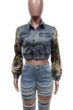 Casual Solid Color Pocket Buckle Patchwork Turndown Collar Long Sleeve Regular Denim Jacket