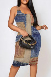 Sexy Street Faux Denim Print Contrast U Neck Printed Dresses