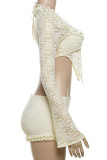 Sexy Solid Color Lace Patchwork See-Through Strap Design Asymmetrical Collar Long Sleeve Two Pieces