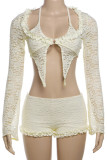 Sexy Solid Color Lace Patchwork See-Through Strap Design Asymmetrical Collar Long Sleeve Two Pieces