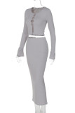 Elegant Solid Color Buckle Patchwork O Neck Long Sleeve Two Pieces