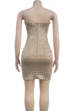 Sexy Patchwork Backless Hot Drill Zipper Strapless Wrapped Skirt Dresses