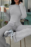 Casual Solid Color Draw String Patchwork O Neck Long Sleeve Two Pieces