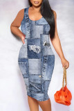 Sexy Street Faux Denim Print Contrast U Neck Printed Dresses
