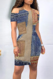 Casual Street Faux Denim Print Contrast O Neck Printed Short Sleeve Dress