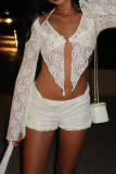 Sexy Solid Color Lace Patchwork See-Through Strap Design Asymmetrical Collar Long Sleeve Two Pieces