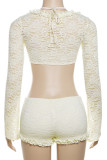 Sexy Solid Color Lace Patchwork See-Through Strap Design Asymmetrical Collar Long Sleeve Two Pieces
