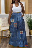 Casual Faux Denim Print Basic Regular High Waist Wide Leg Full Print Trousers